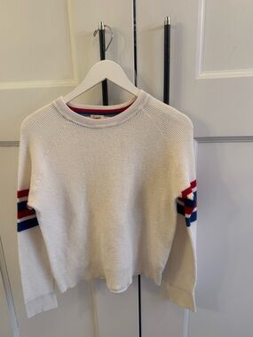 Faherty Cream Crewneck Sweater with Red & Blue Stripes